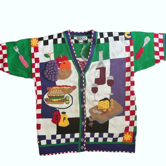 🔥insane🔥 Vintage Colorful BETEKZ 3/4 Sleeved Cardigan Picnic Themed - Picture 15 of 15